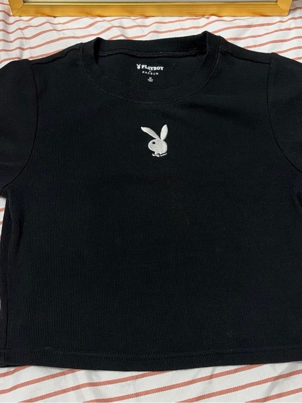 PLAYBOY Black Ribbed Short Sleeve Tee with White Bunny